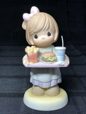 Cute Girl Waitress Ceramic Figurine with Burger & Fries